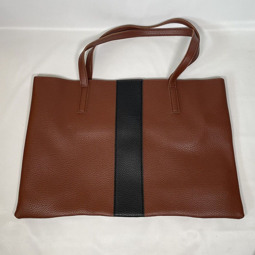 Vince Camuto Brown Vegan Leather Tote Shoulder Bag Purse Black Stripe New Large